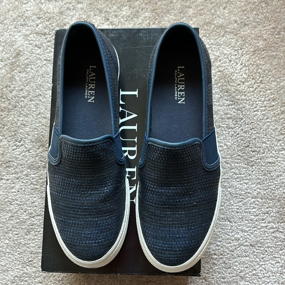 Ralph Lauren Navy Strip Texture Faux Straw Sneakers. - Picture 2 of 7